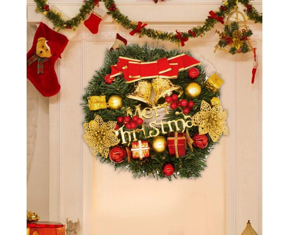 Christmas Wreath Merry Christmas Front Door Ornament Wall Artificial Pine Garland for Party Decor - red - 30cm