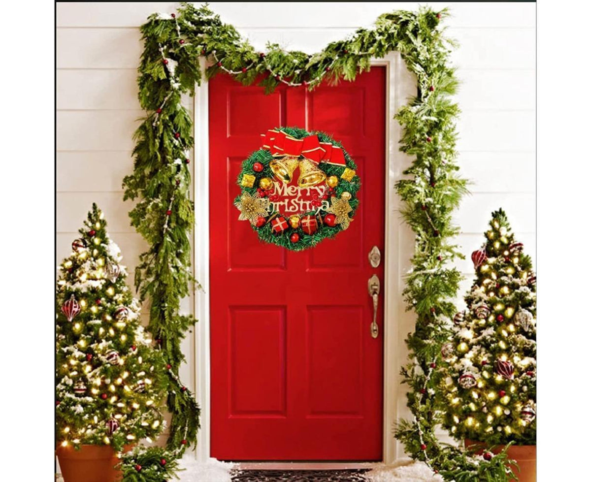 Christmas Wreath Merry Christmas Front Door Ornament Wall Artificial Pine Garland for Party Decor - red - 30cm