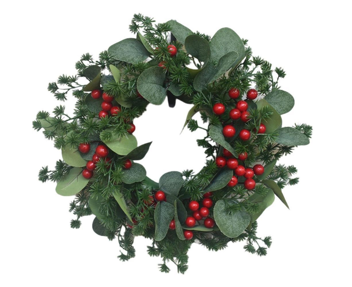 Christmas Wreath Winter Wreath with Red Jingle Bells and Berries Door Wreath with Artificial Snow Christmas Decorations with Pine Branches - 30CM