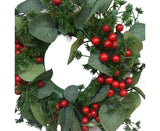 Christmas Wreath Winter Wreath with Red Jingle Bells and Berries Door Wreath with Artificial Snow Christmas Decorations with Pine Branches - 30CM