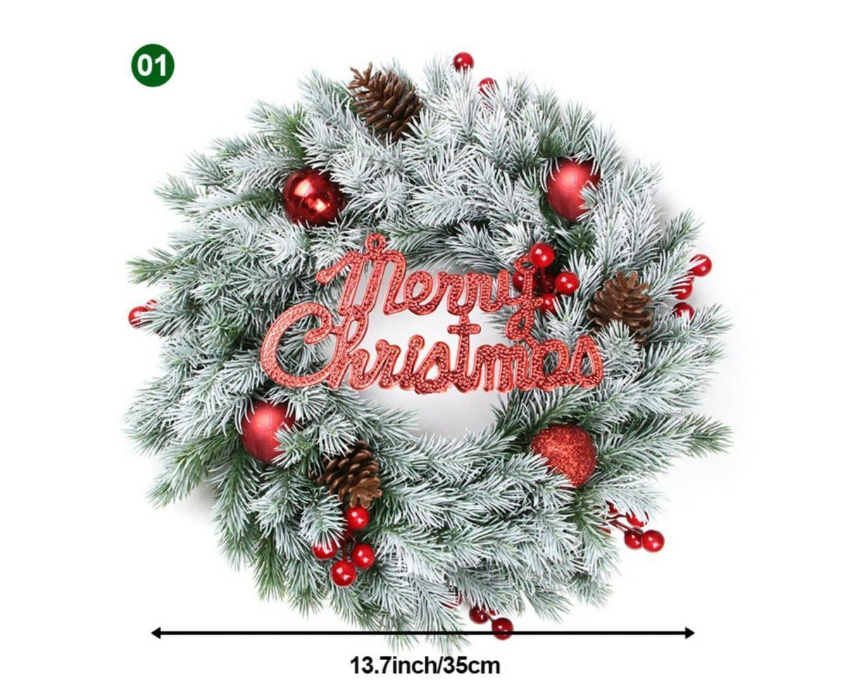 Christmas Wreaths for Front Door Xmas Art Decorations Thanksgiving Day Indoor Outdoor Home Decorative Wreath Red Flowers Pine Cones Fruits - 35CM