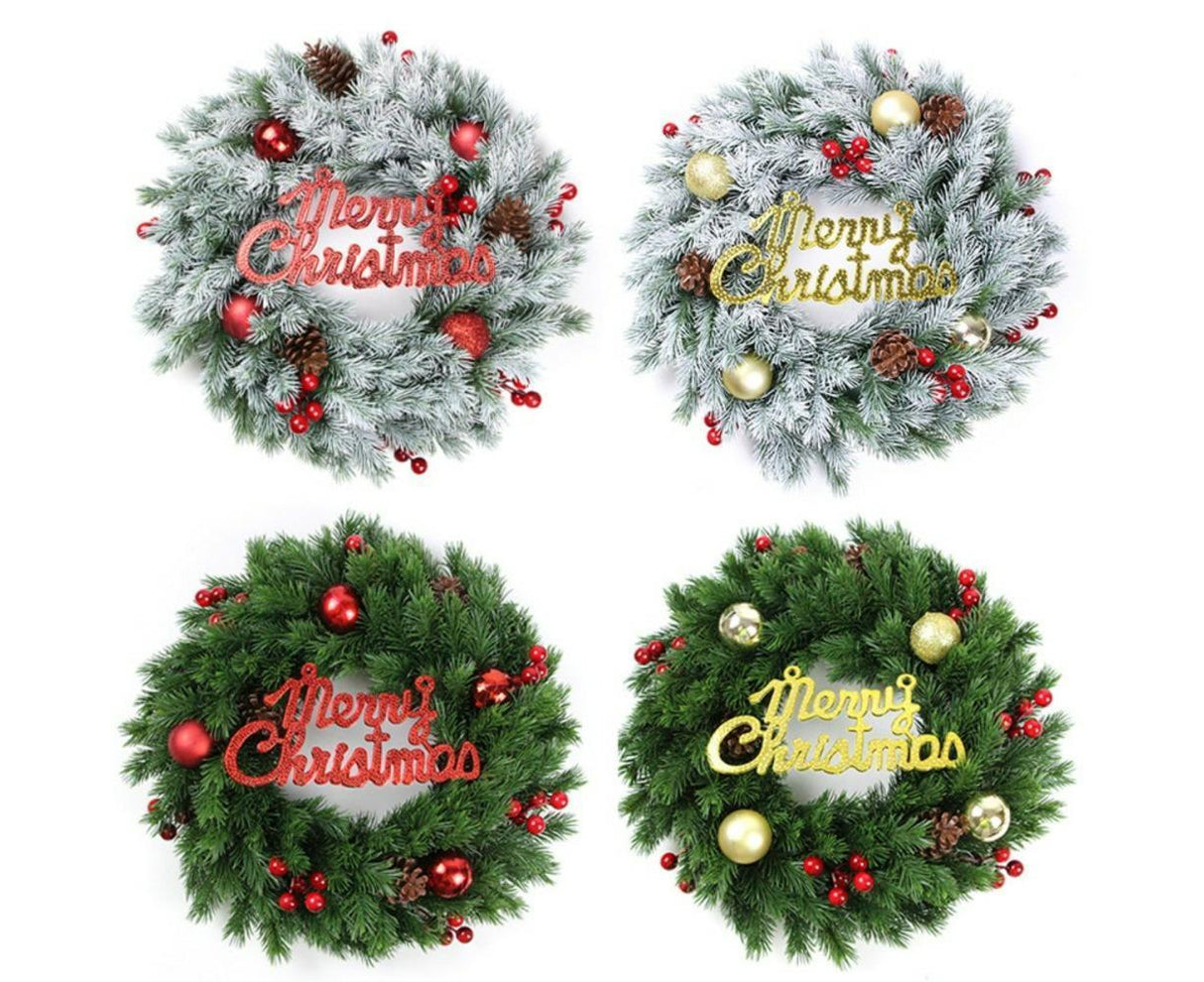 Christmas Wreaths for Front Door Xmas Art Decorations Thanksgiving Day Indoor Outdoor Home Decorative Wreath Red Flowers Pine Cones Fruits - 35CM