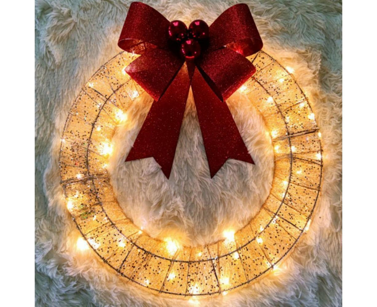 Outdoor Christmas Wreath Decoration, LED Metal Holiday Decor for Home Exterior, Garden - Gold 50CM