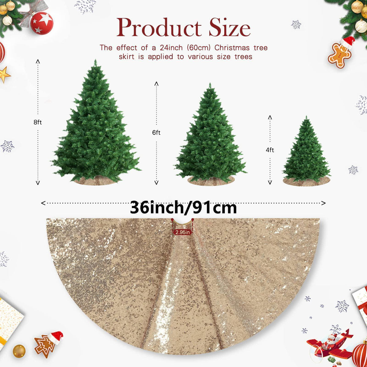 36 Inch Rose Gold Glitter Christmas Tree Skirt Plus Christmas Tree Decorations