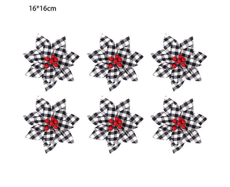 6 Pcs Christmas Plaid Flower Xmas Tree Ornaments For Vintage Xmas Tree Wreaths Wedding Holiday Decor,Black And White Plaid