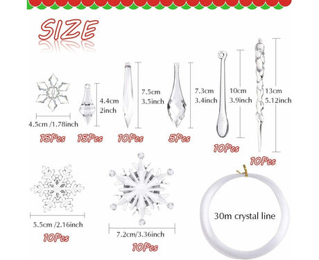 85 Pcs Christmas Decoration Acrylic Snowflake Icicles Christmas Tree Icicle Snowflake With Crystal Line Ornaments Set For Christmas Party Decorations