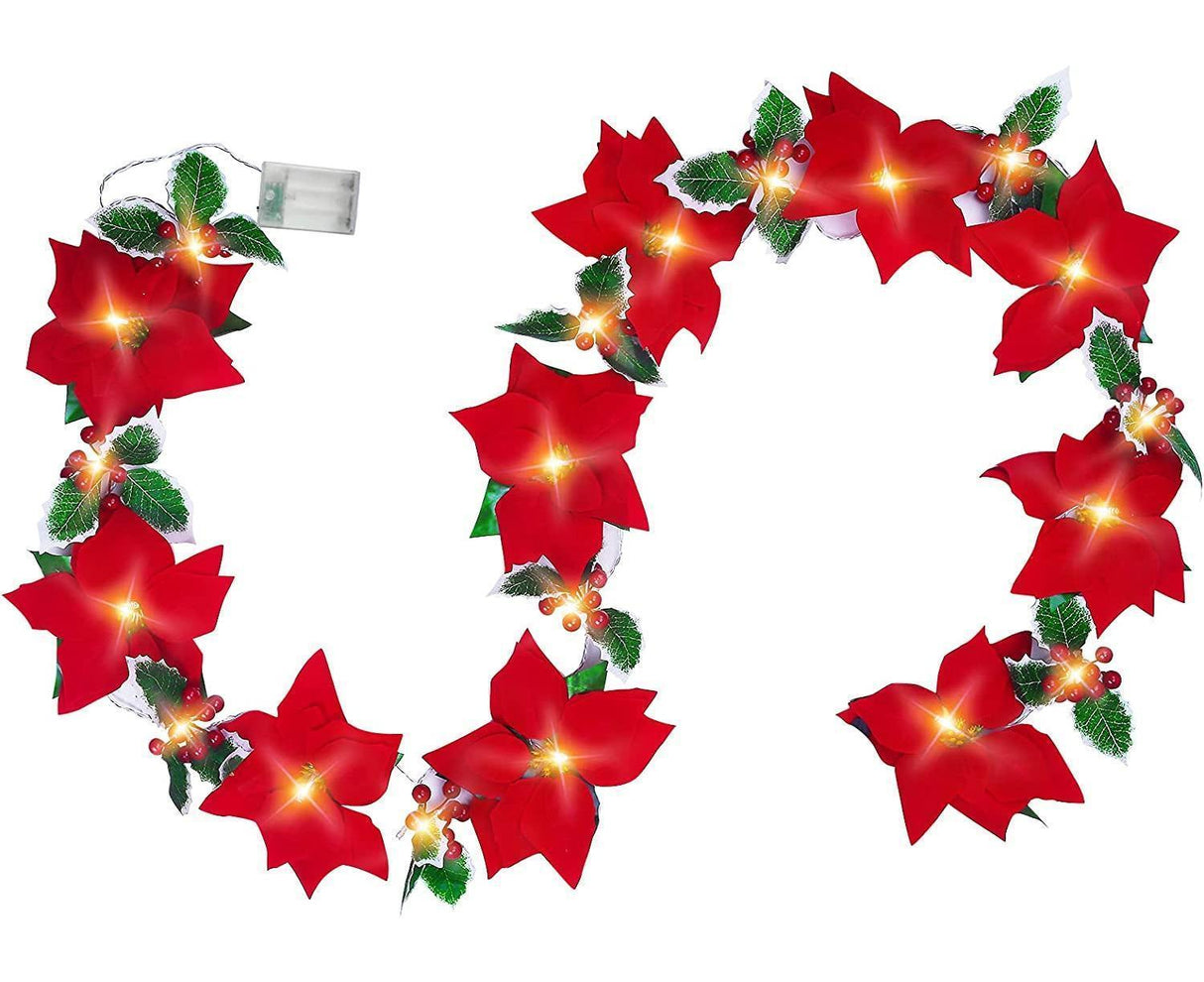 9.8Ft Lighted Poinsettia Christmas Garland String Lights with Red Berries and Holly Leaves, Pre-Lit Velvet Artificial Poinsettia Garland for Decoration