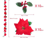 9.8Ft Lighted Poinsettia Christmas Garland String Lights with Red Berries and Holly Leaves, Pre-Lit Velvet Artificial Poinsettia Garland for Decoration