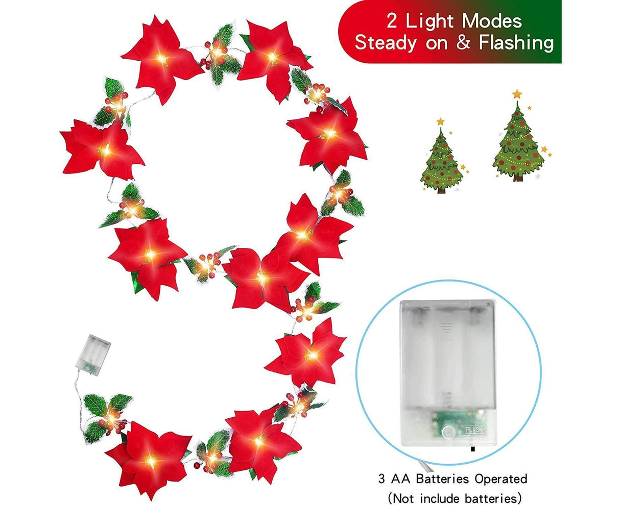 9.8Ft Lighted Poinsettia Christmas Garland String Lights with Red Berries and Holly Leaves, Pre-Lit Velvet Artificial Poinsettia Garland for Decoration