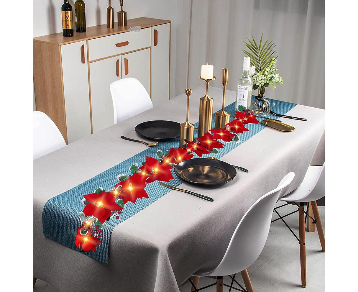 9.8Ft Lighted Poinsettia Christmas Garland String Lights with Red Berries and Holly Leaves, Pre-Lit Velvet Artificial Poinsettia Garland for Decoration