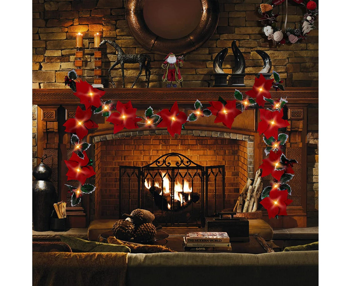 9.8Ft Lighted Poinsettia Christmas Garland String Lights with Red Berries and Holly Leaves, Pre-Lit Velvet Artificial Poinsettia Garland for Decoration