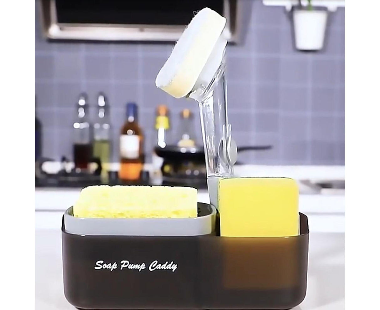 3-in-1 Multi-functional Soap Box with Sponge Holder Hollow Drain Pan Instant Refill Countertop Sink Dish Washing Liquid Soap Dispenser for Kitchen