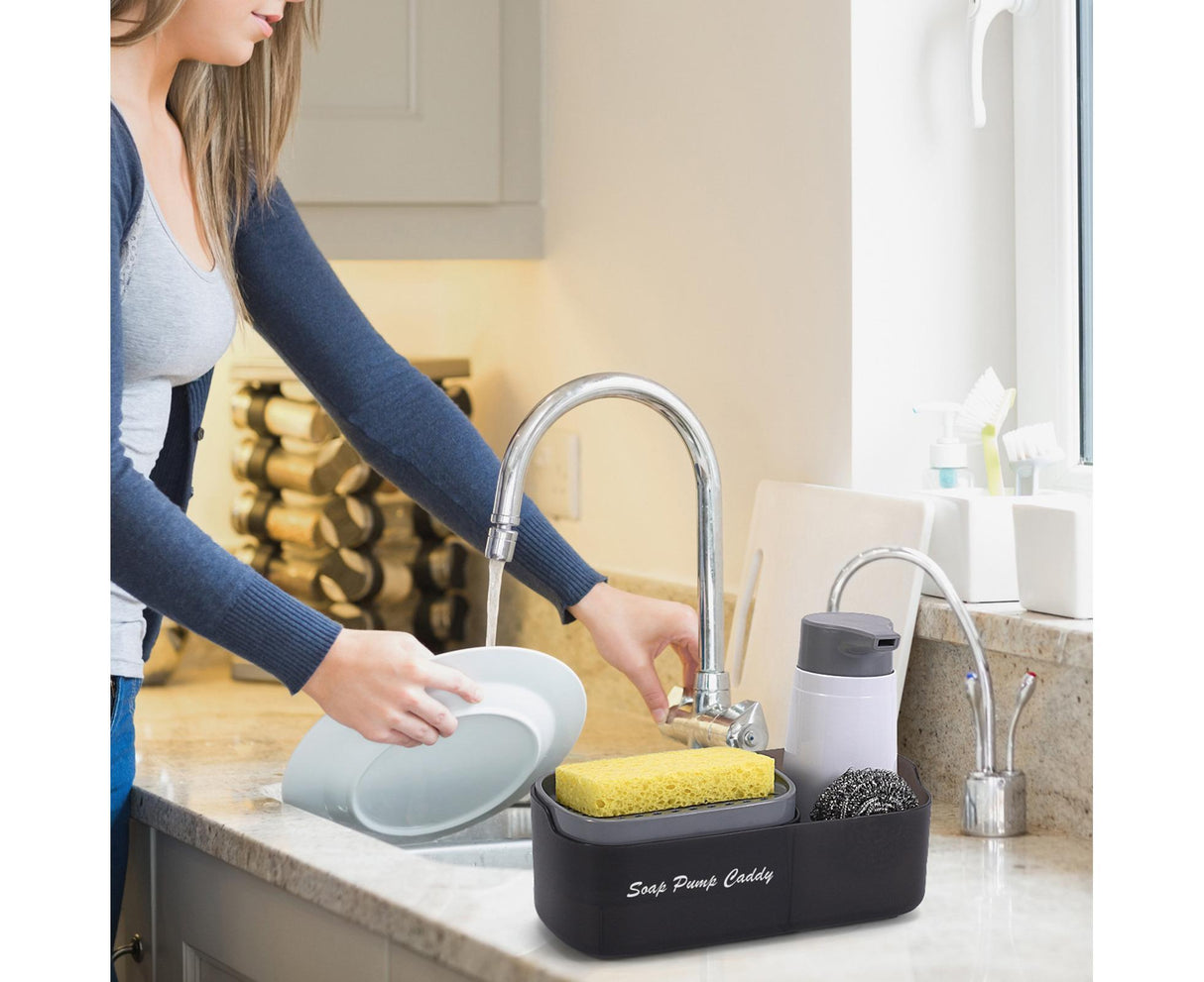 3-in-1 Multi-functional Soap Box with Sponge Holder Hollow Drain Pan Instant Refill Countertop Sink Dish Washing Liquid Soap Dispenser for Kitchen