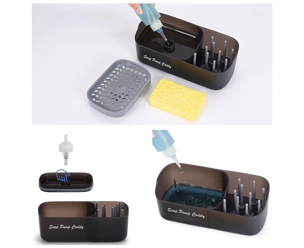 3-in-1 Multi-functional Soap Box with Sponge Holder Hollow Drain Pan Instant Refill Countertop Sink Dish Washing Liquid Soap Dispenser for Kitchen