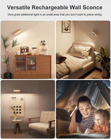 Battery Operated Wall Sconces Set of 2, Rechargeable Wood Wall Lights, Stick On