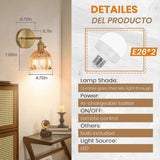 Battery Operated Wall Sconce Set of 2, Vintage Gold Amber Glass, Rechargeable LED, Remote