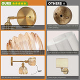 Battery Operated Wall Sconce Set of 2, Vintage Gold Amber Glass, Rechargeable LED, Remote