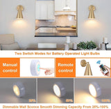 Modern Gold Battery Operated Wall Sconces Set of 2, Remote Dimming, Dual Color, Adjustable