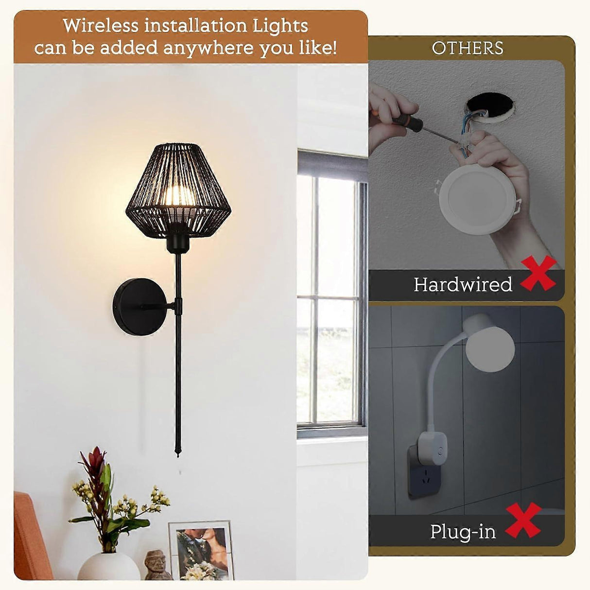 Battery Operated Wall Sconces Set of 2, Boho Rattan LED, Rechargeable, Remote, RGB Dimmable