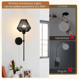 Battery Operated Wall Sconces Set of 2, Boho Rattan LED, Rechargeable, Remote, RGB Dimmable