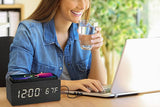 Digital Alarm Clock Wooden Table Desk Bedside LED Clock with Wireless Charger -Light Wood