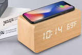 Digital Alarm Clock Wooden Table Desk Bedside LED Clock with Wireless Charger -Light Wood