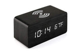 Digital Alarm Clock Wooden Table Desk Bedside LED Clock with Wireless Charger -Black