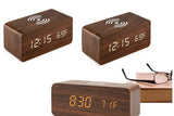 Digital Alarm Clock Wooden Table Desk Bedside LED Clock with Wireless Charger -Black
