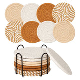 INS Style Round Cotton Woven Heat-Resistant Coasters, 8-Piece Set of Thick Table Pot Mats with Free Iron Storage Rack—White-Brown