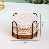 INS Style Round Cotton Woven Heat-Resistant Coasters, 8-Piece Set of Thick Table Pot Mats with Free Iron Storage Rack—White-Brown