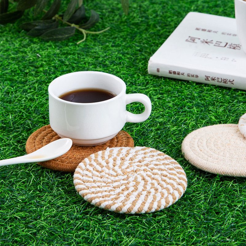 INS Style Round Cotton Woven Heat-Resistant Coasters, 8-Piece Set of Thick Table Pot Mats with Free Iron Storage Rack—White-Brown