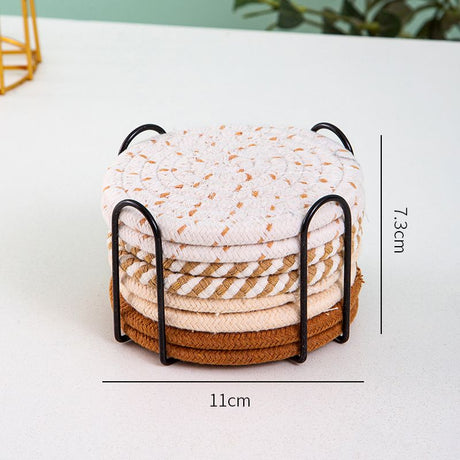 INS Style Round Cotton Woven Heat-Resistant Coasters, 8-Piece Set of Thick Table Pot Mats with Free Iron Storage Rack—Assorted Colors