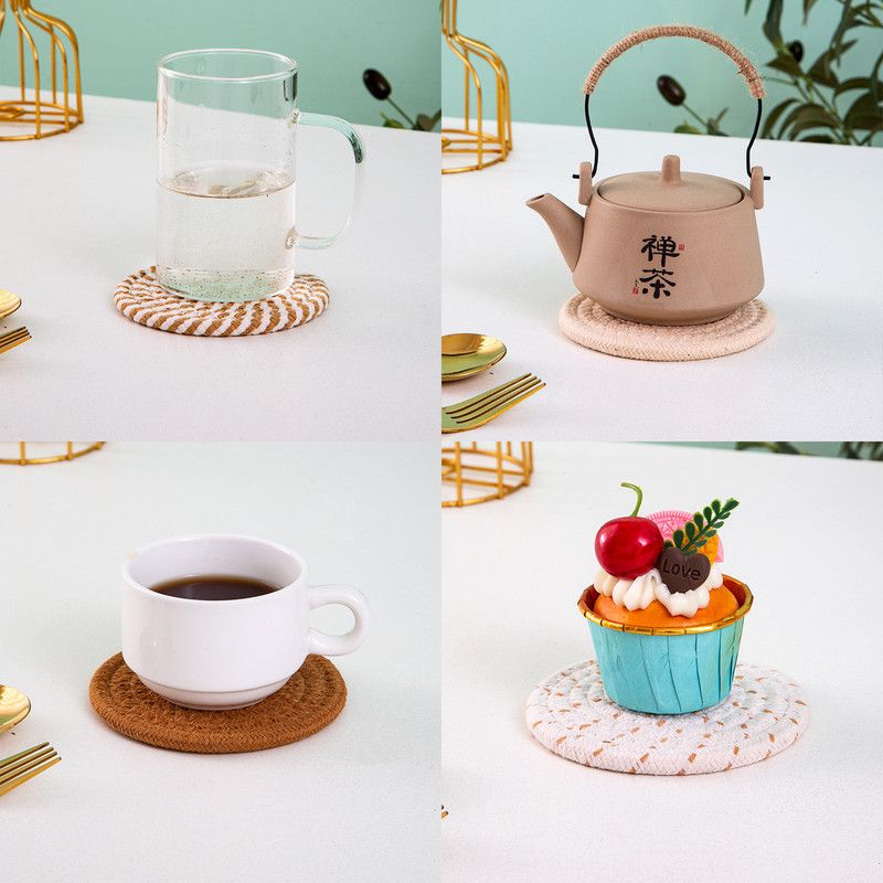 INS Style Round Cotton Woven Heat-Resistant Coasters, 8-Piece Set of Thick Table and Pot Mats with Free Iron Storage Rack - Pink