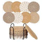 INS Style Round Cotton Woven Heat-Resistant Coasters, 8-Piece Set of Thick Table Pot Mats with Free Iron Storage Rack—Gray-Brown