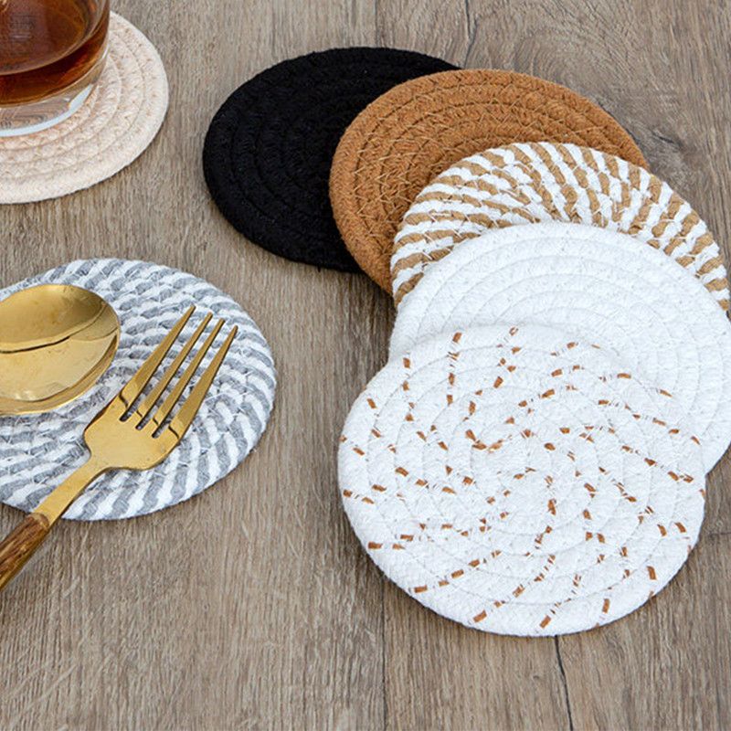 INS Style Round Cotton Woven Heat-Resistant Coasters, 8-Piece Set of Thick Table and Pot Mats with Free Iron Storage Rack - Striped