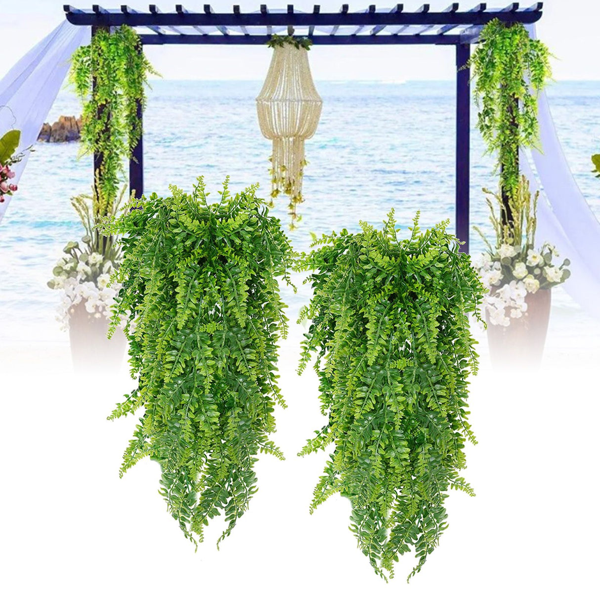 2pcs Artificial Hanging Plants Fern Plastic Green Fake Wall Hanging Ferns Plants for Garden Wedding Decoration