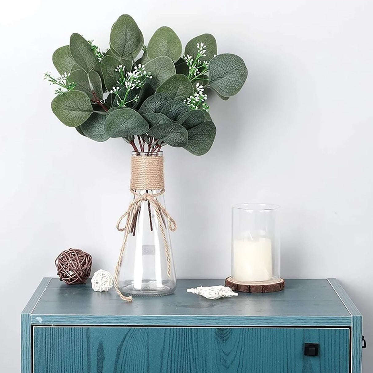 24Pcs Artificial Eucalyptus Stem Branches Round Eucalyptus Leaf with White Flower Decor Artificial Wedding Decor Plant
