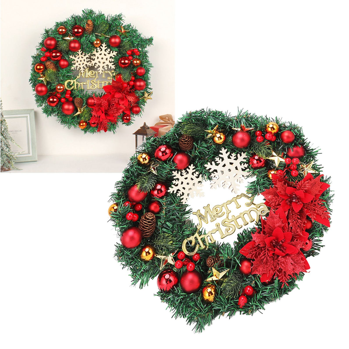 Christmas Wreath Snow Pine Cone Xmas Ball Wreath for Indoor Outdoor Holiday Decorations