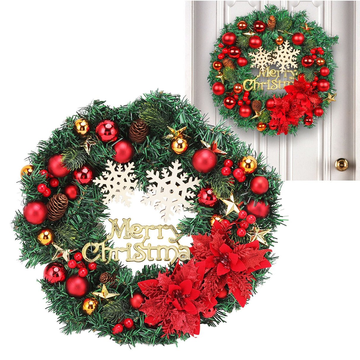 Christmas Wreath Snow Pine Cone Xmas Ball Wreath for Indoor Outdoor Holiday Decorations