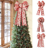 Christmas Double Layer Linen Bow Christmas Bowknot for Xmas Tree Decorations Maple Leaf Striped Snowflake Khaki Bow Decor