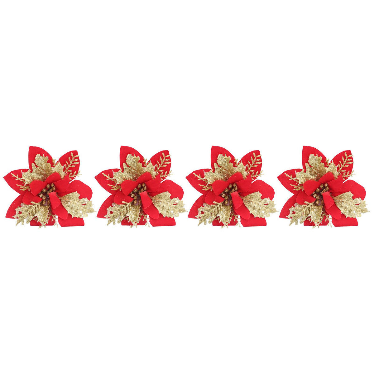 4pcs Christmas Tree Flowers Artificial Golden Red Poinsettia Christmas Tree Glitter Flowers with Golden Powder