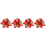 4pcs Christmas Tree Flowers Artificial Golden Red Poinsettia Christmas Tree Glitter Flowers with Golden Powder