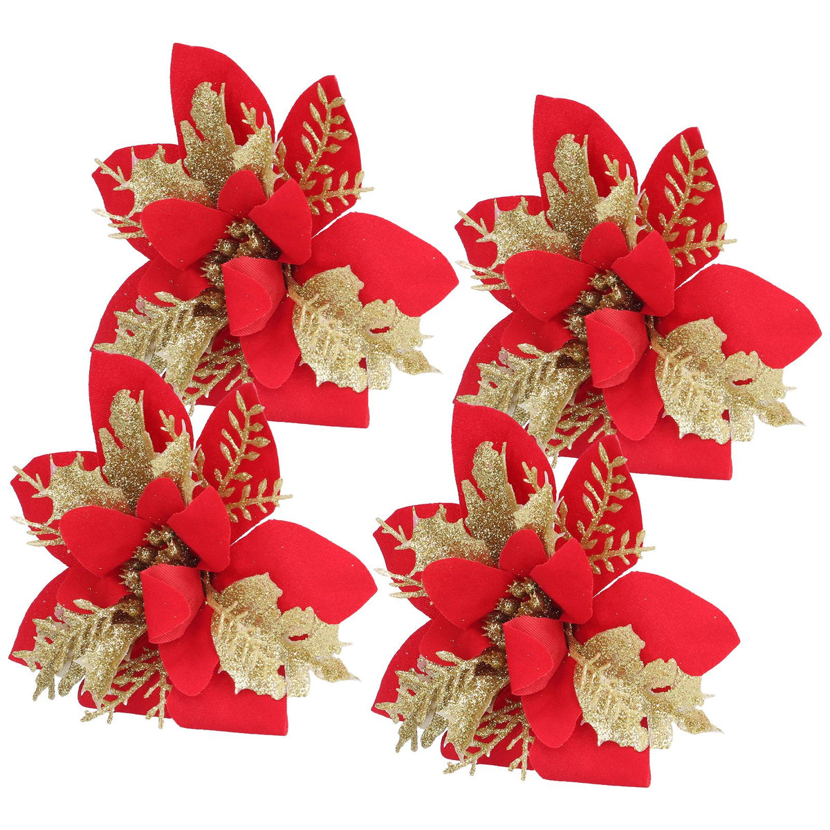 4pcs Christmas Tree Flowers Artificial Golden Red Poinsettia Christmas Tree Glitter Flowers with Golden Powder