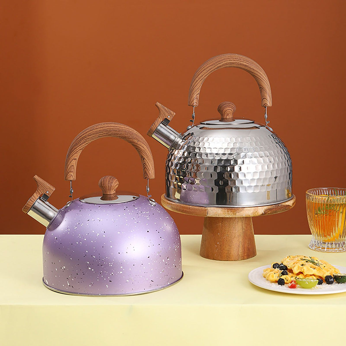 Water Kettle Stainless Steel Whistle Water Kettle Large Capacity Flat Bottomed for Gas Induction Cooker Boil Water 2L Purple