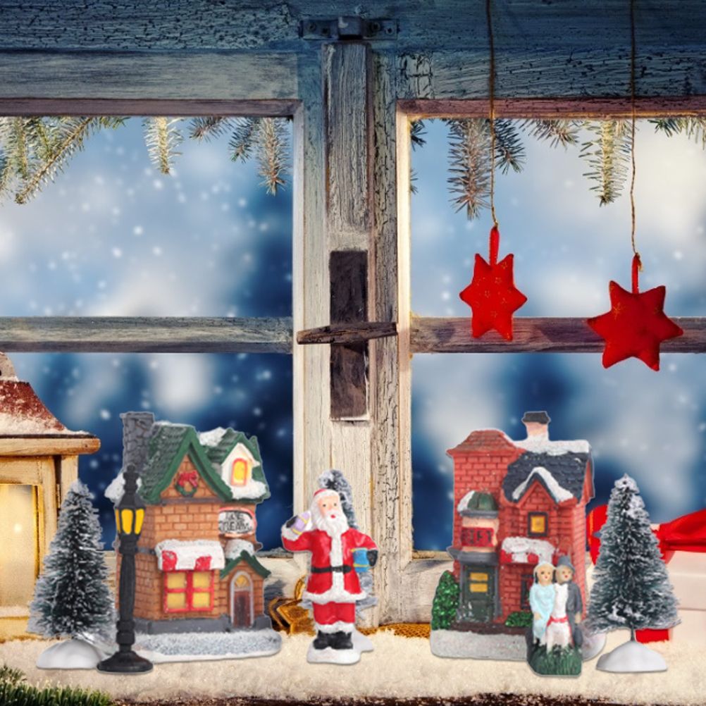 Christmas Village Set Resin Christmas Scene Village LED Lighted Miniature Houses Town Christmas Village Houses Gift