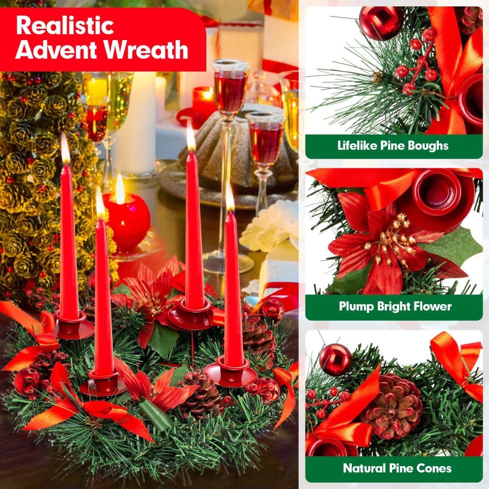 Christmas Advent Wreath Fir Wreath Christmas Arrangement Decorative Wreath with Candle Holder & Ribbon