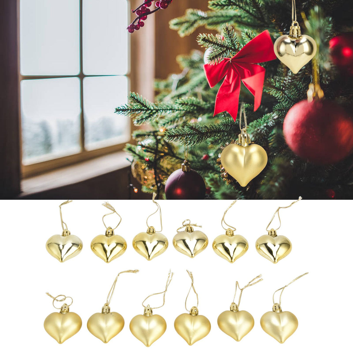 12pcs Christmas Ornament Heart Shape PVC Christmas Tree Hanging Decorations for Valentine's Day PartyGold
