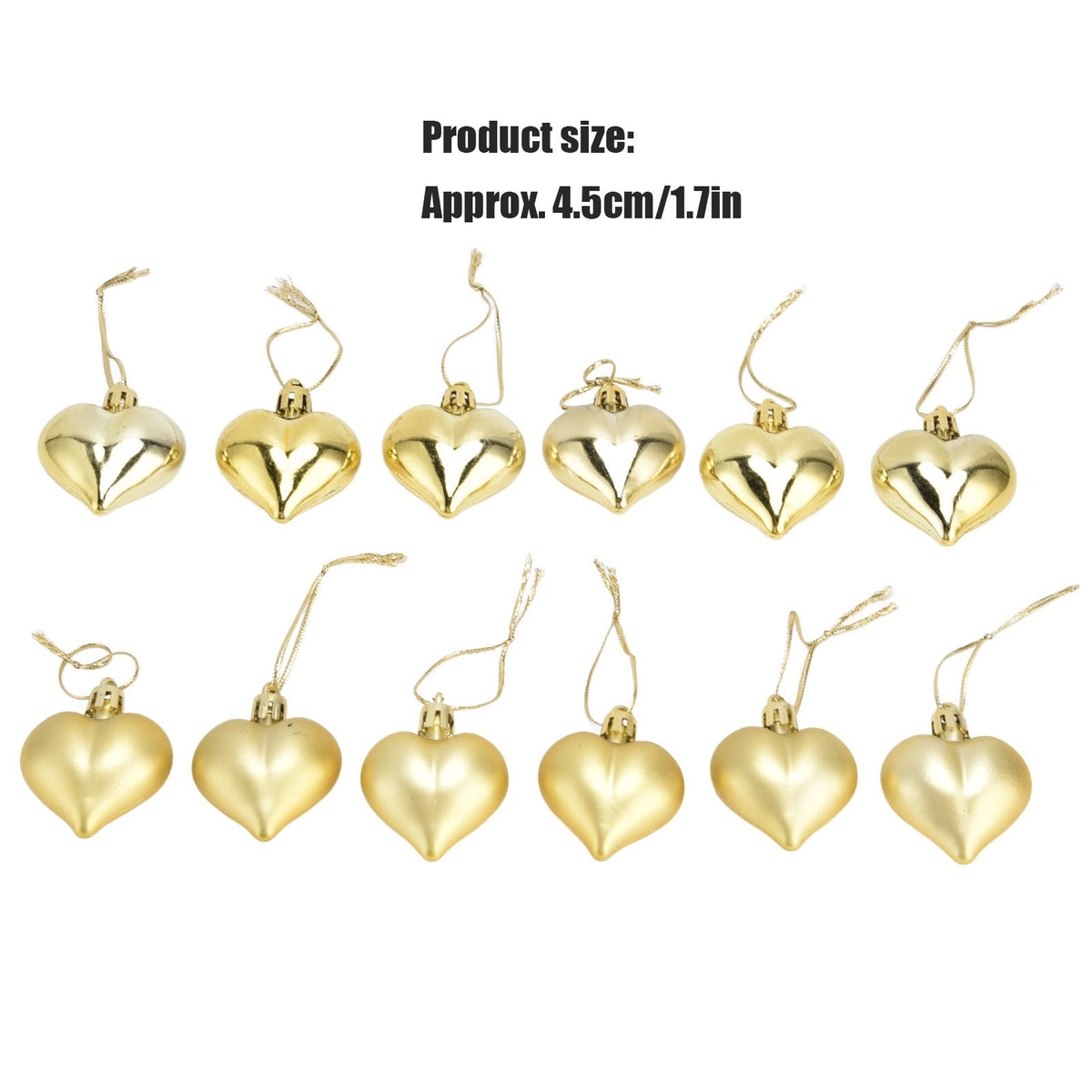12pcs Christmas Ornament Heart Shape PVC Christmas Tree Hanging Decorations for Valentine's Day PartyGold