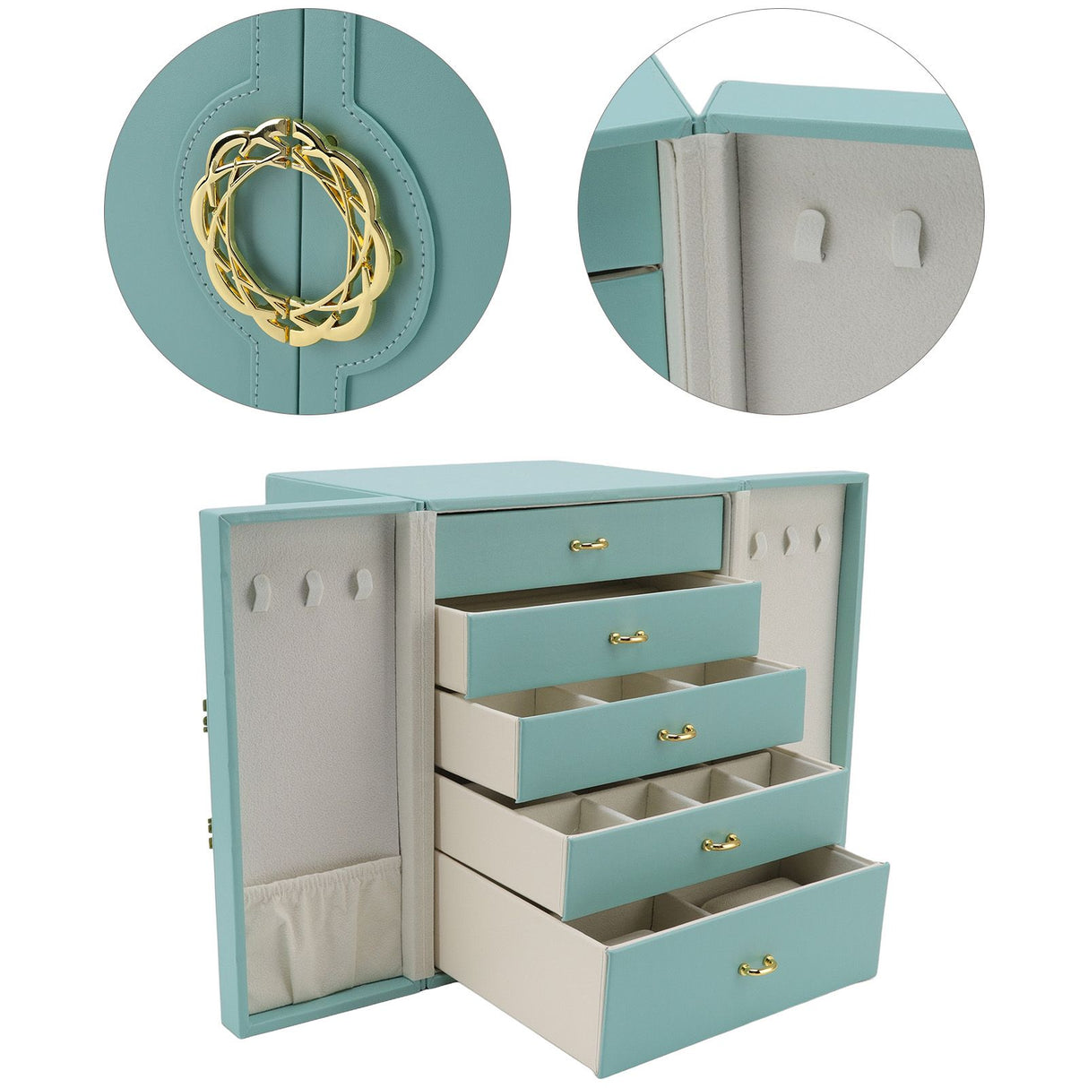 Jewelry Storage Box Leather Double Door Green European Style Storage Case for Necklace Earring Watch Bracelet