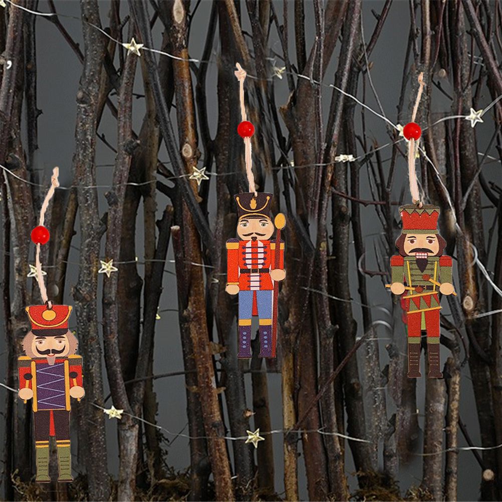 9Pcs Christmas Walnut Soldier Wooden Pendant Colorful Printed Wooden Pendant Christmas Tree Holiday Party Decorations
